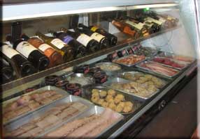 Our many wines and seafood display case